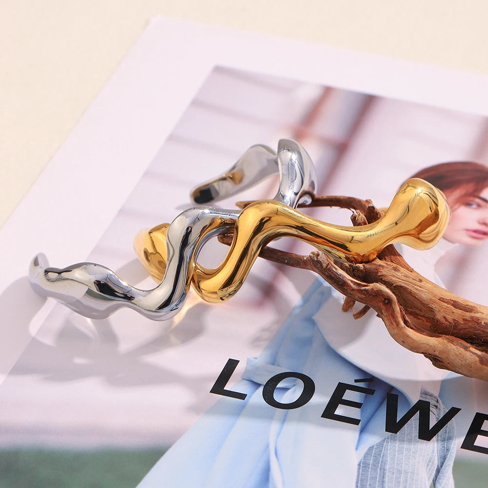 18K Gold Geometric Wave Cuff Bracelet