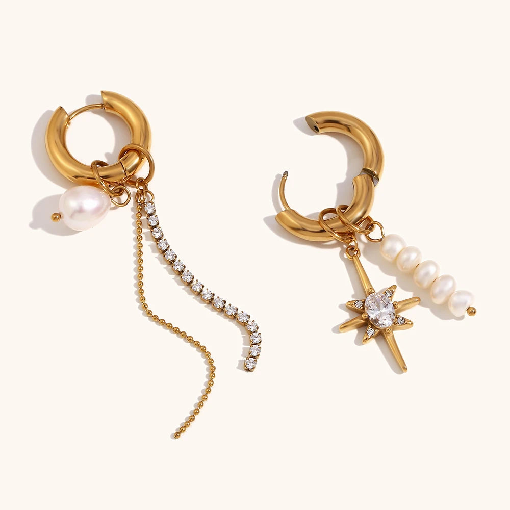 Asymmetric Diamond & Pearl Charm Hoop Earrings