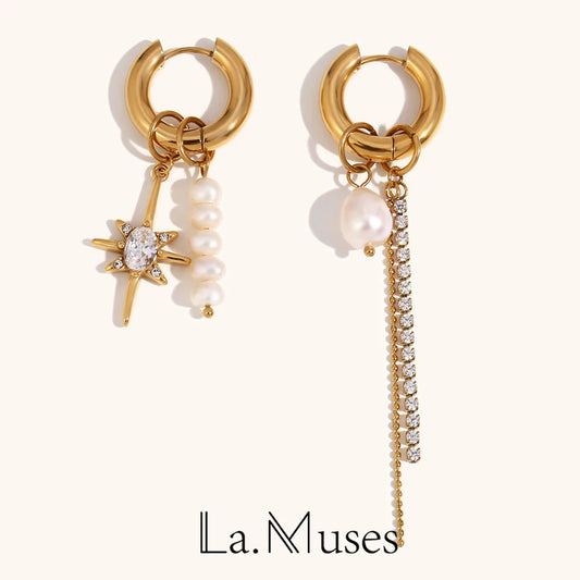 Asymmetric Diamond & Pearl Charm Hoop Earrings